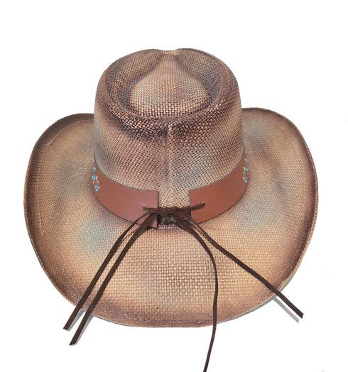 Western Washed Straw Cowboy Hat Turquoise Concho Beige