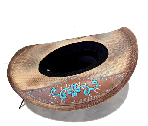 Western Washed Straw Cowboy Hat Turquoise Concho Beige
