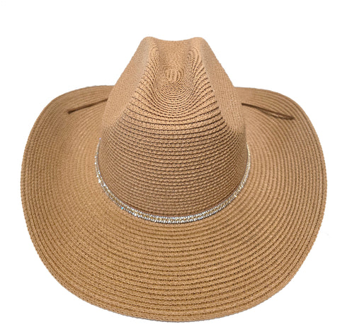 Refined Western Straw Hat Crystal Accent Tan