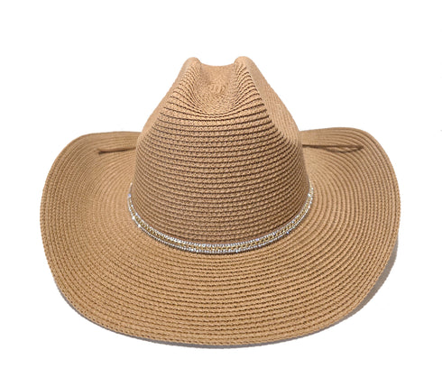 Refined Western Straw Hat Crystal Accent Tan