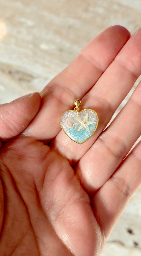 Coastal Heart Resin Earrings, Starfish Shell Jewelry, Ocean Inspired Beach Earrings
