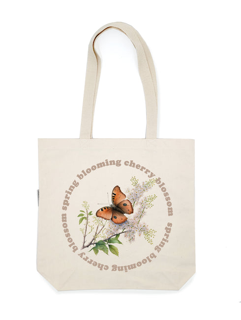 Spring Cherry Blossom Flower Butterfly Eco Friendly Watercolor Canvas Tote Bag