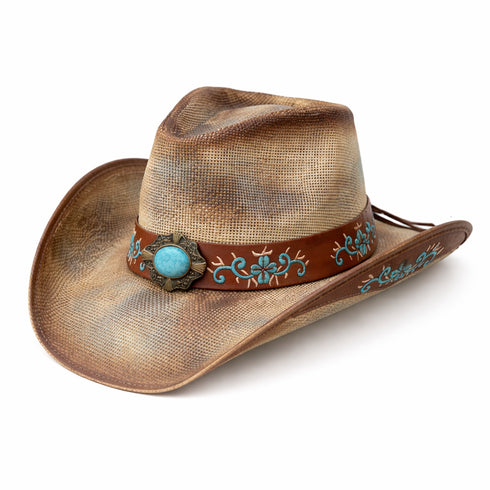 Western Washed Straw Cowboy Hat Turquoise Concho Beige