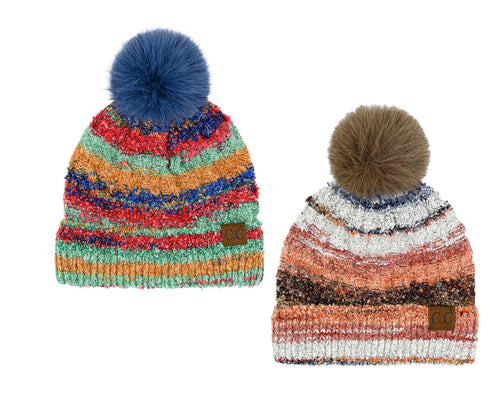 Space Dye Stripe Knit Pom Beanie ,Faux Fur Pom C.C Beanie Hat