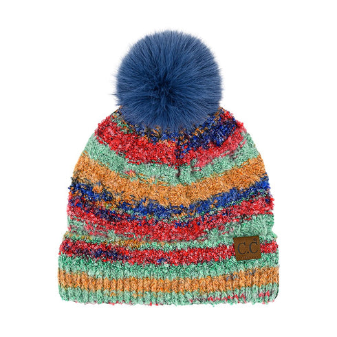 Space Dye Stripe Knit Pom Beanie ,Faux Fur Pom C.C Beanie Hat