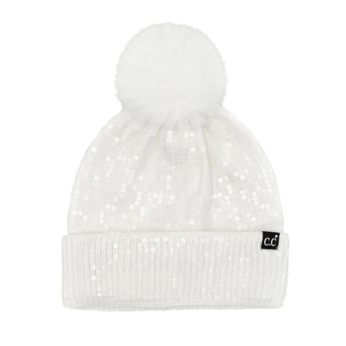 All over Sequin Fur Pom Beanie Hat
