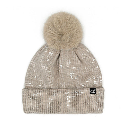 All over Sequin Fur Pom Beanie Hat