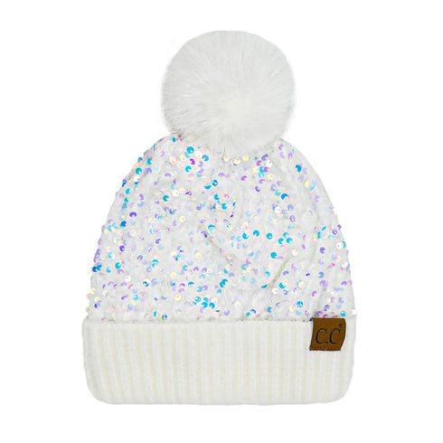 Sequin Fur Pom Beanie C.C Hat