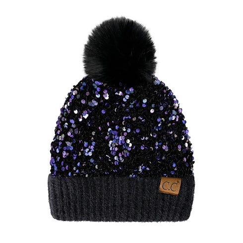 Sequin Fur Pom Beanie C.C Hat