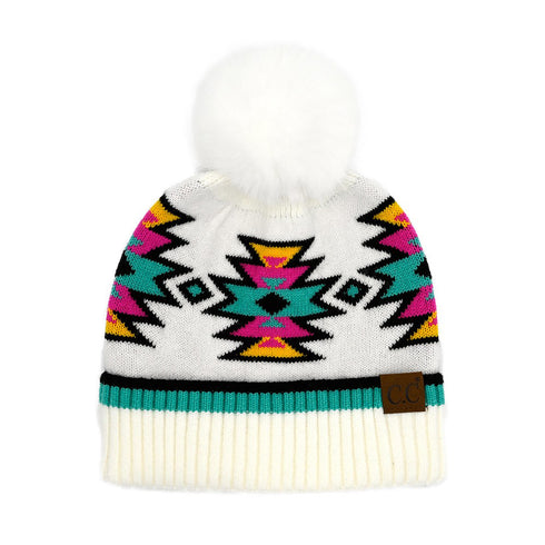 New Aztec Patterned Fur Pom C.C Beanie Hat