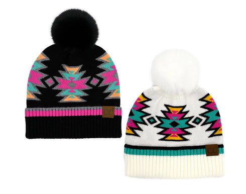 New Aztec Patterned Fur Pom C.C Beanie Hat