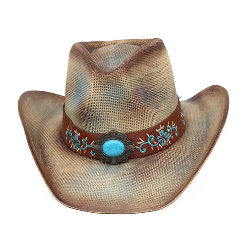 Western Washed Straw Cowboy Hat Turquoise Concho Beige