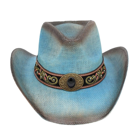 Western Distressed Straw Cowboy Hat Orate Leather Band Blue