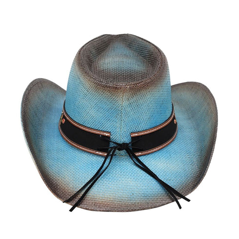Western Distressed Straw Cowboy Hat Orate Leather Band Blue