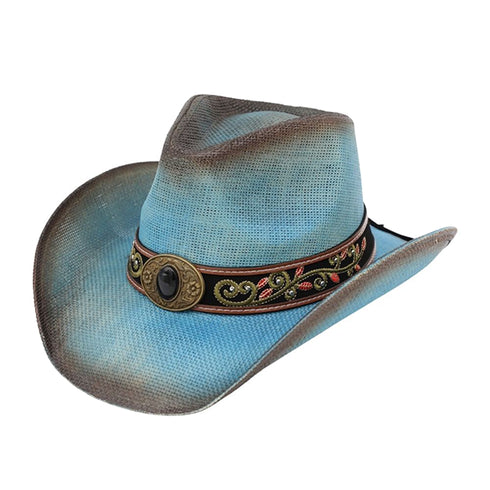 Western Distressed Straw Cowboy Hat Orate Leather Band Blue
