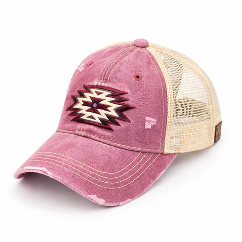 Women’s Distressed Ponytail Trucker Hat – Western Aztec Patch Mesh Back Cap