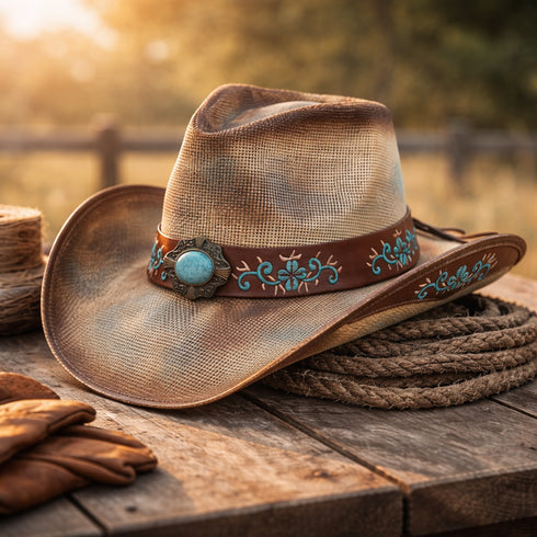 Western Washed Straw Cowboy Hat Turquoise Concho Beige