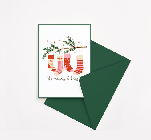 Be Merry & Bright stockings Christmas Card, Set of 5
