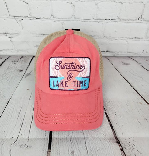 Embroidered Sunshine & Lake Time Patch High Pony Criss Cross C.C Ball Cap