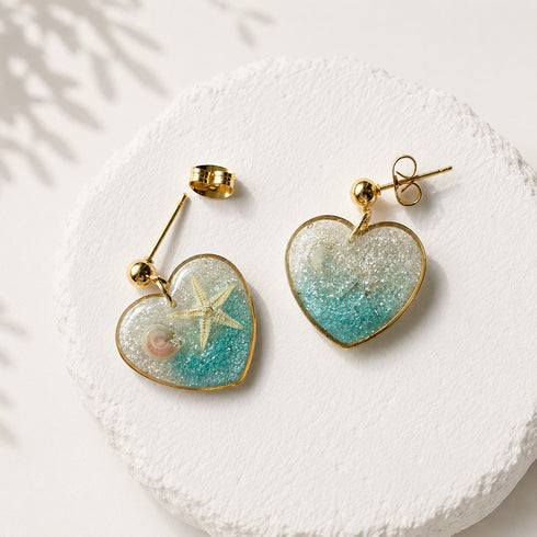 Coastal Heart Resin Earrings, Starfish Shell Jewelry, Ocean Inspired Beach Earrings