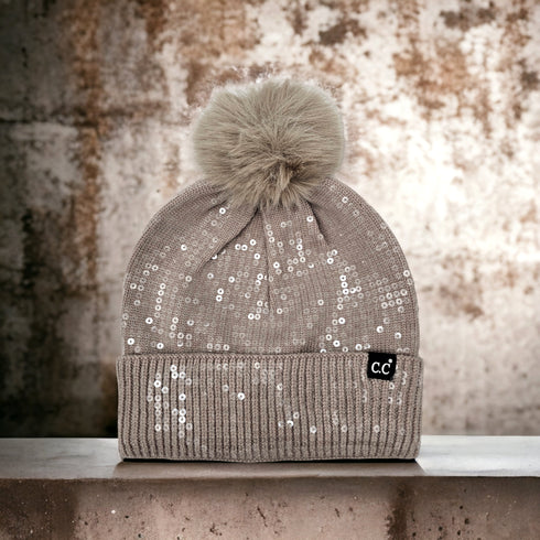 All over Sequin Fur Pom Beanie Hat