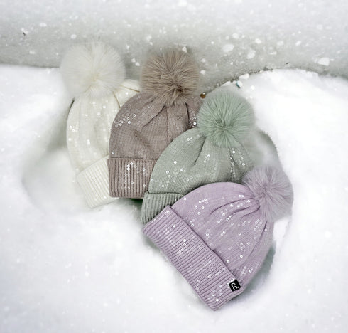 All over Sequin Fur Pom Beanie Hat