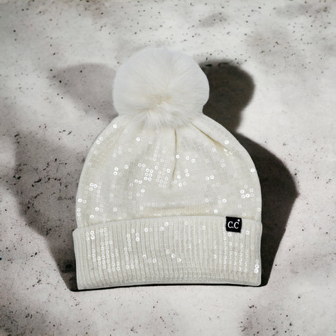 All over Sequin Fur Pom Beanie Hat