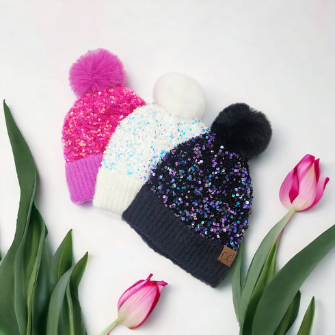 Sequin Fur Pom Beanie C.C Hat