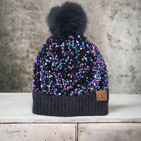 Sequin Fur Pom Beanie C.C Hat