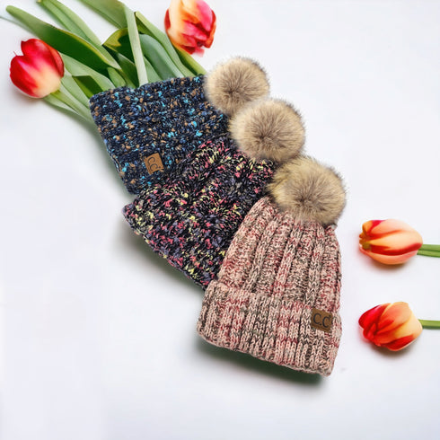 New Fuzzy Lined Popcorn Confetti Fur Pom CC Beanie Hat