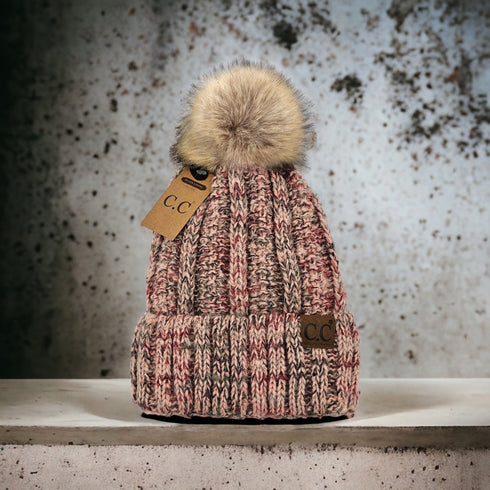 New Fuzzy Lined Popcorn Confetti Fur Pom CC Beanie Hat