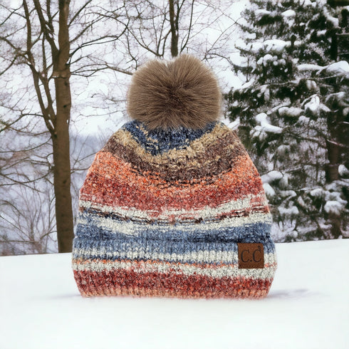 Space Dye Stripe Knit Pom Beanie ,Faux Fur Pom C.C Beanie Hat