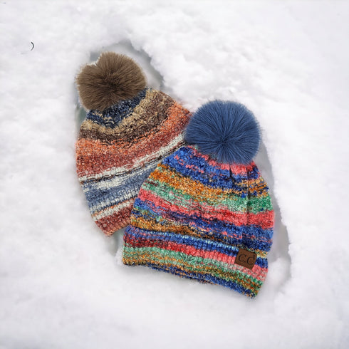 Space Dye Stripe Knit Pom Beanie ,Faux Fur Pom C.C Beanie Hat