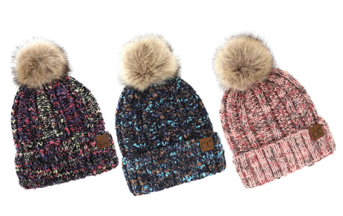 New Fuzzy Lined Popcorn Confetti Fur Pom CC Beanie Hat