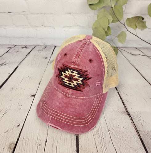 Aztec Embroidered Patch Mesh High Pony CC Ball Cap