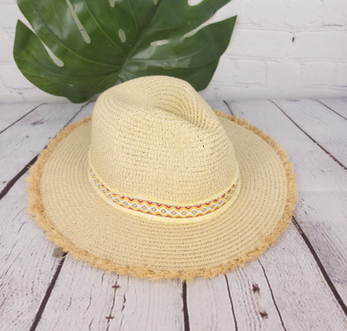 Frayed Trim Aztec Panama Summer Straw Hat