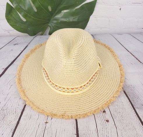 Frayed Trim Aztec Panama Summer Straw Hat