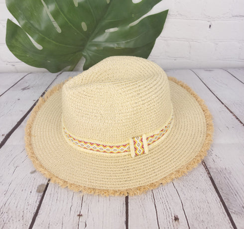 Frayed Trim Aztec Panama Summer Straw Hat