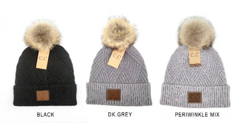 Large Patch Heathered Pom Beanie , winter cozy warm hat