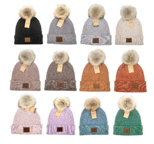 Large Patch Heathered Pom Beanie , winter cozy warm hat