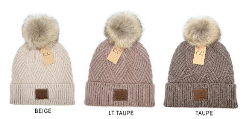 Large Patch Heathered Pom Beanie , winter cozy warm hat