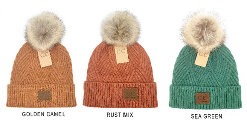 Large Patch Heathered Pom Beanie , winter cozy warm hat