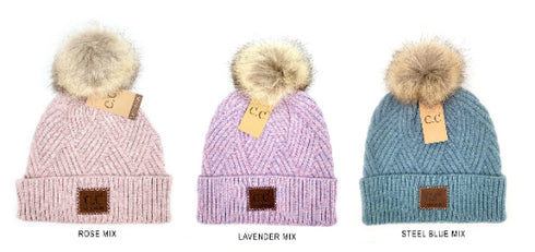 Large Patch Heathered Pom Beanie , winter cozy warm hat