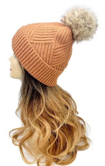 Large Patch Heathered Pom Beanie , winter cozy warm hat