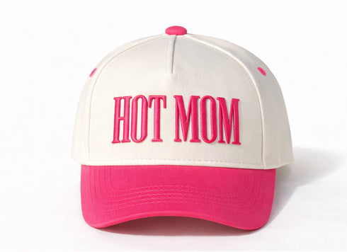 HOT MOM Embroidered Baseball Cap – Pink & Cream Trucker Hat for Moms
