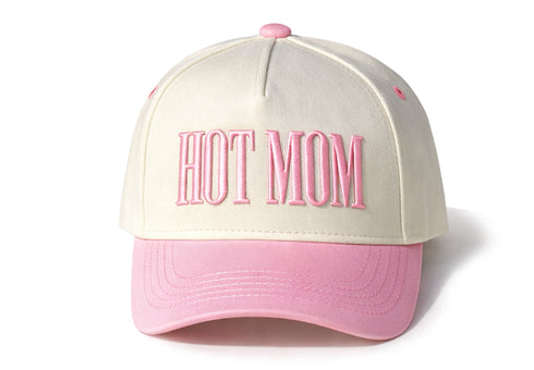 HOT MOM Embroidered Baseball Cap – Pink & Cream Trucker Hat for Moms