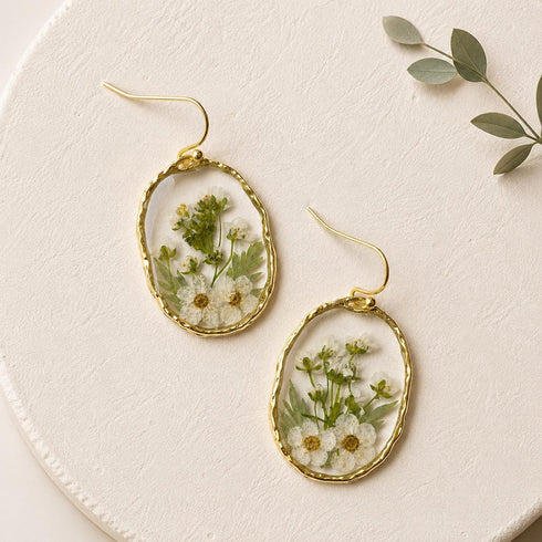 Real Dried Flower Resin Earrings – Botanical Gold Dangle Earrings