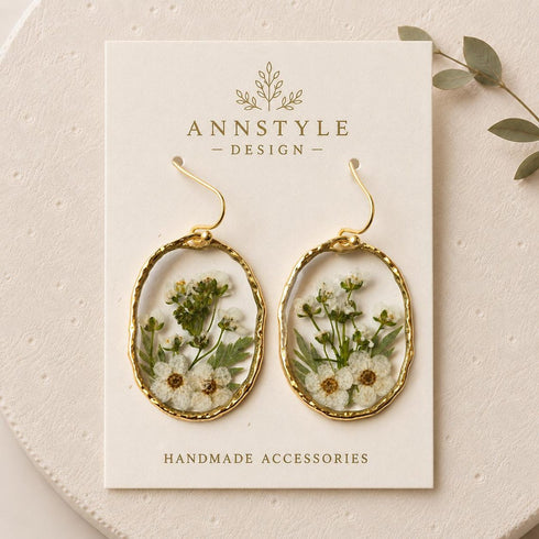 Real Dried Flower Resin Earrings – Botanical Gold Dangle Earrings