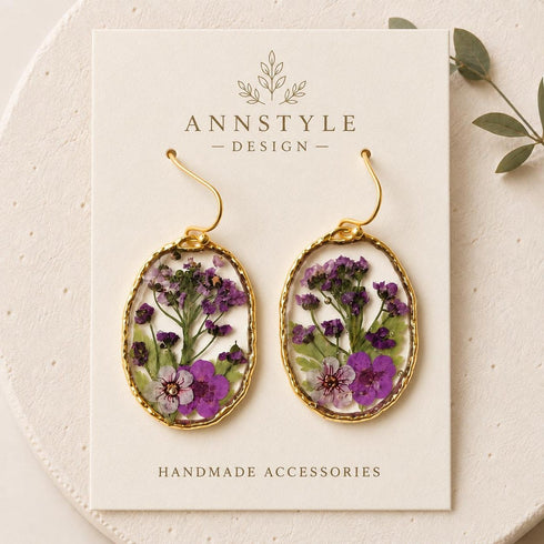 Real Dried Flower Resin Earrings – Botanical Gold Dangle Earrings