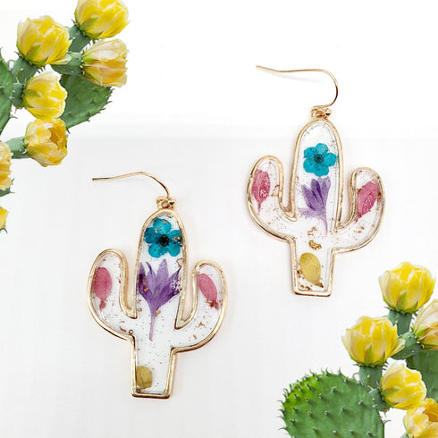 Dried Flower Cactus Frame Handmade Resin Earrings